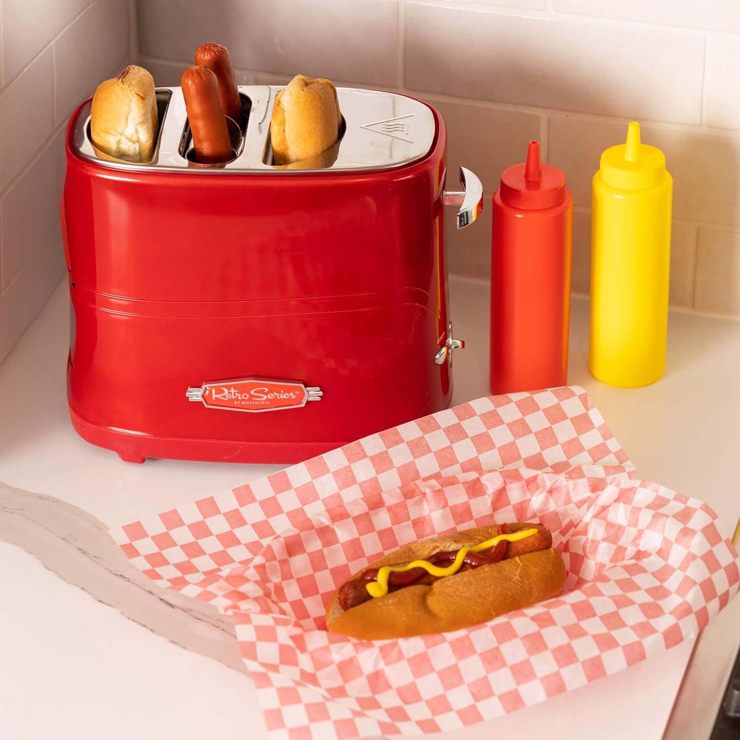 Nostalgia HDT600RETRORED Retro Series 2-Slot Hot Dog and Bun Toaster – Rapid Cooker for Beef, Chicken, Veggie Links & More, Includes Mini Tongs