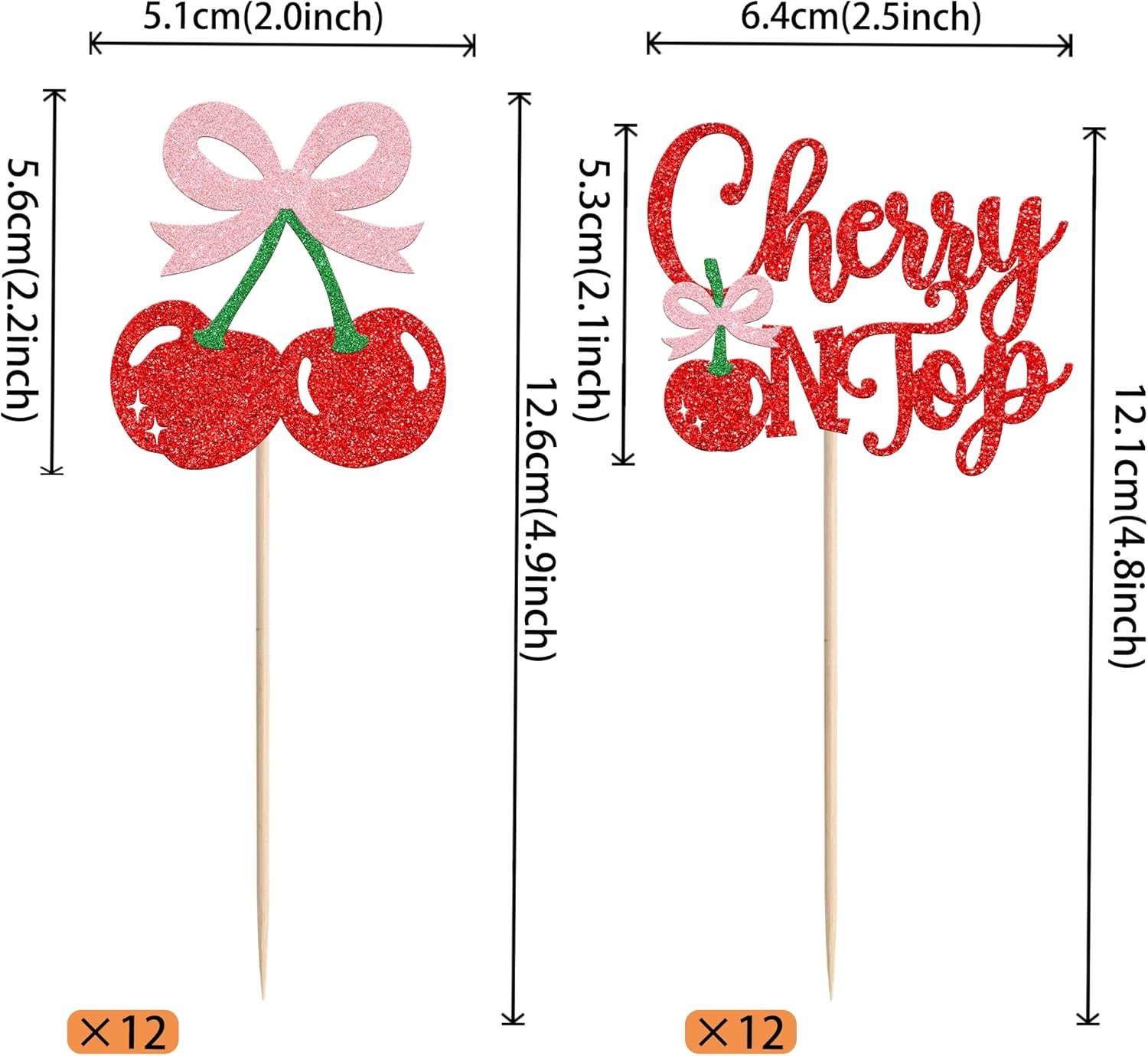 She's the Cherry On Top Cupcake Toppers – 24 PCS Glitter Fruit Picks for Baby Shower, Bridal Party & Birthday Cake Decorations