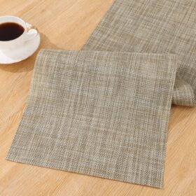 SHACOS Woven Vinyl Table Runner - 12 x 54 Inch Waterproof, Heat Resistant & Cuttable Indoor Outdoor Table Decor (Beige)