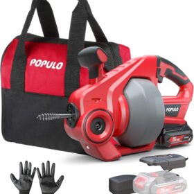 POPULO 20V Cordless Drain Auger with 25Ft Auto-Feed Cable, 2.0Ah Battery & LED Light - Professional Plumbing Snake for Kitchen, Bath & Shower Clogs (3/4"-2")