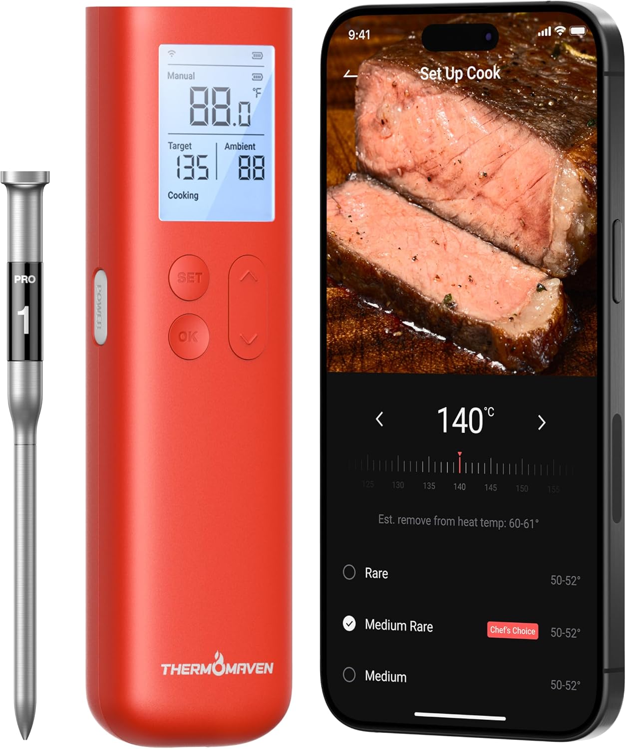 ThermoMaven G1 Smart Wireless Meat Thermometer with WiFi & Sub-1G Bluetooth – Waterproof Probe with Display Base for BBQ, Grill, Smoker, and Oven
