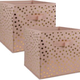DII Polka Dot Storage Bins - Pink & Gold Non-Woven Polyester Cube Organizers for Closet, Nursery, and Playroom (Set of 2, Small)