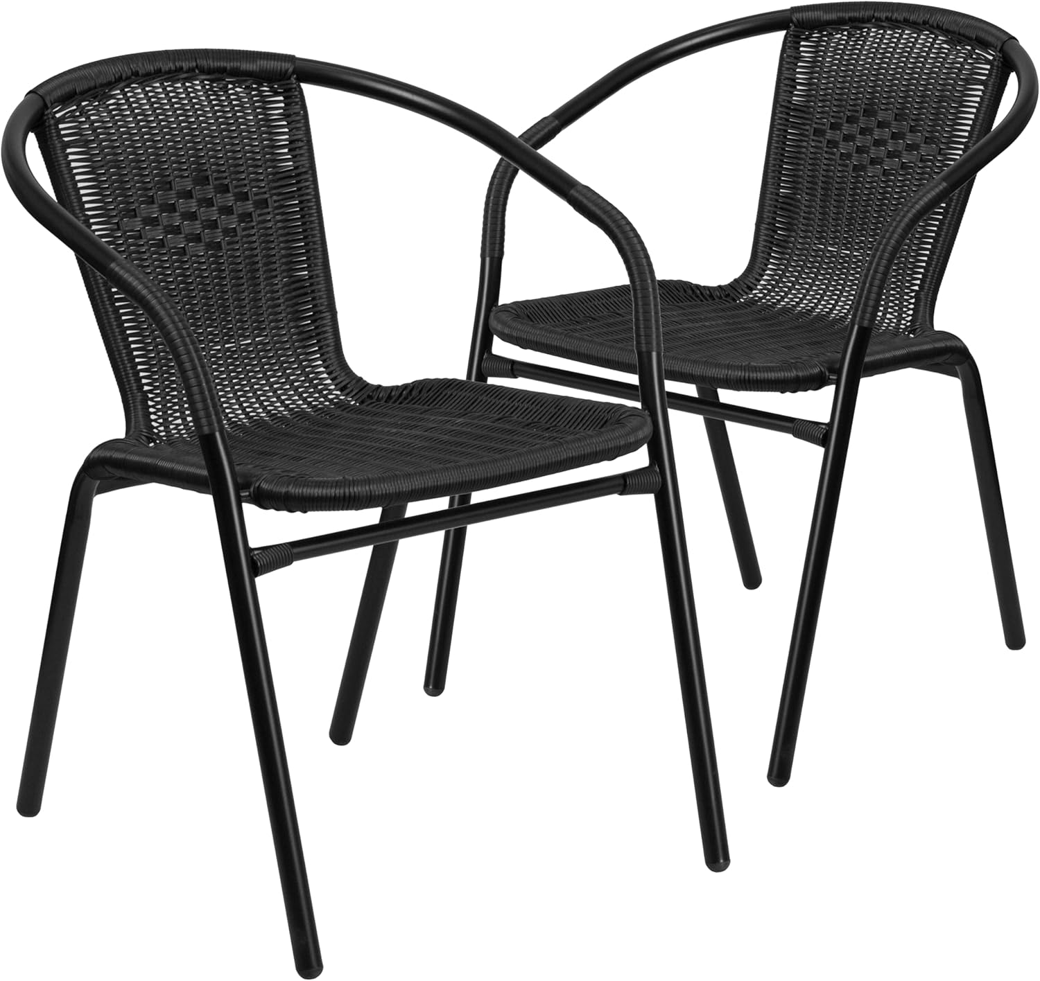 Set of 2 Commercial Stackable Rattan Chairs with Arms – Indoor & Outdoor Black Wicker Restaurant Patio Dining Seating