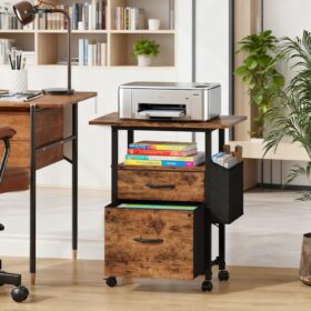 GYIIYUO Mobile File Cabinet with 24'' Wide Printer Stand – 2-Drawer Rolling Storage Cart with Side Bag & Fabric Drawers – Vertical Filing Cabinet for Home Office (Light Brown)