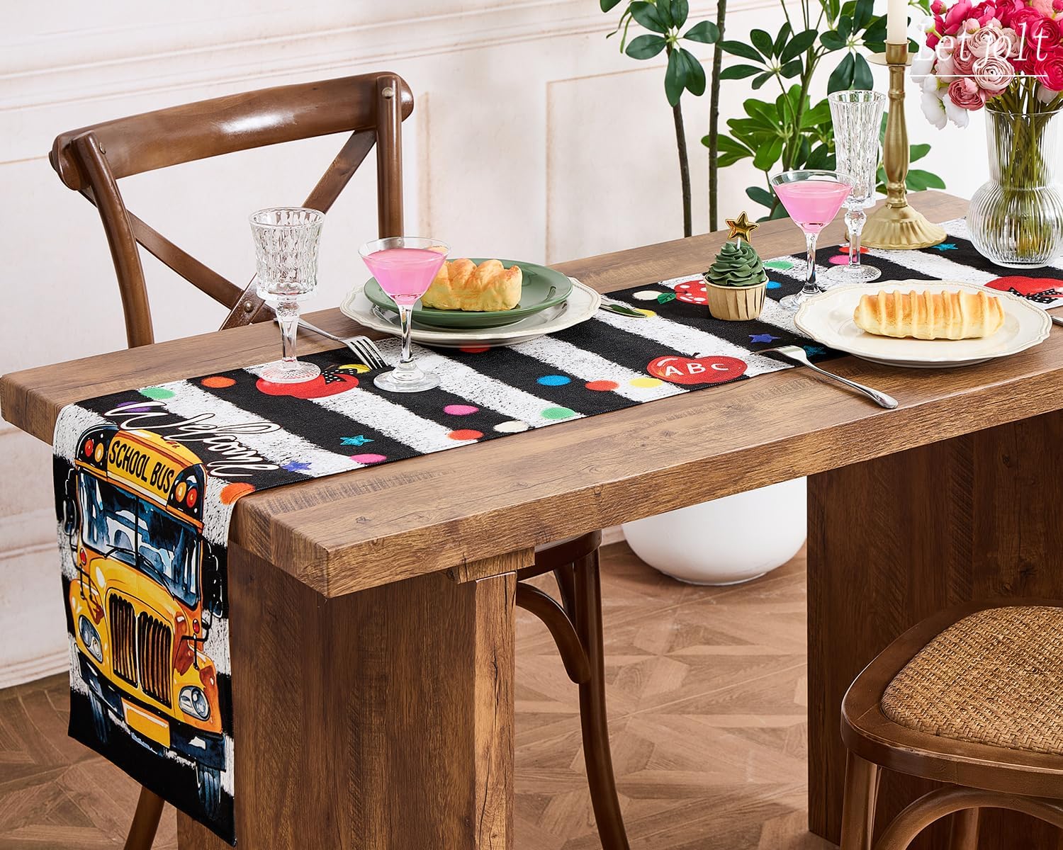 Letjolt Back to School Table Runner - 72 Inch School Bus Themed Party Decorations for Classroom, Graduation & Open House - Linen-Like Fabric
