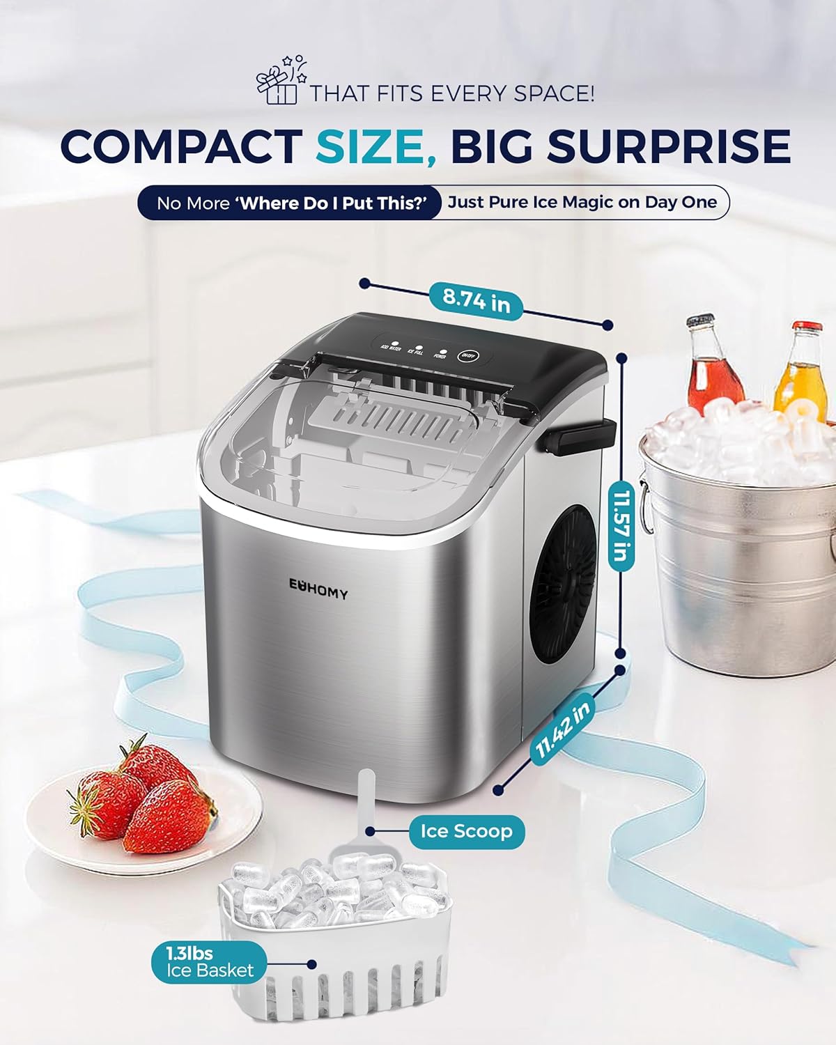 EUHOMY Ice Maker Machine for Countertop - 26lbs in 24Hrs, Portable Bullet Ice Maker with Self-Cleaning Function, LCD Digital Display, Ice Scoop & Basket, Perfect for Home, Kitchen, and Bar