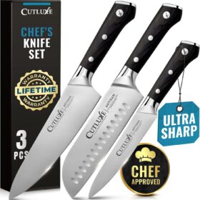 Cutluxe Artisan Series 3-Piece Chef Knife Set – German Stainless Steel, Full Tang Ergonomic Handles, Razor Sharp 8” Chef, 7” Santoku & 5.5” Utility Knives