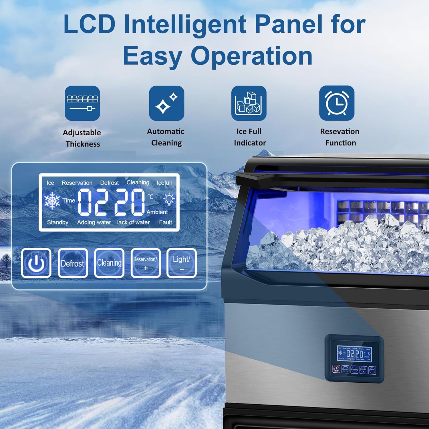 350Lb Commercial Ice Maker Machine with 75Lb Storage Bin - 108 Cubes per Cycle, Stainless Steel Countertop/Freestanding Ice Maker with Self-Cleaning, Water Filter, and Scoop for Restaurants, Bars, and Hotels
