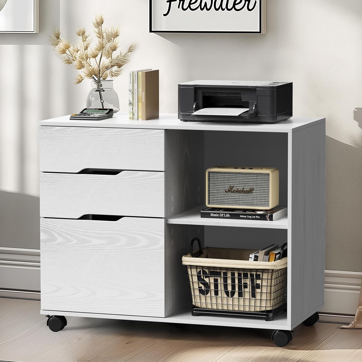 DUMOS Mobile Lateral File Cabinet with 3 Drawers – Rolling Wood Storage Organizer with Wheels, Adjustable Shelf, and Printer Stand – Versatile Office & Home Filing Solution (White)