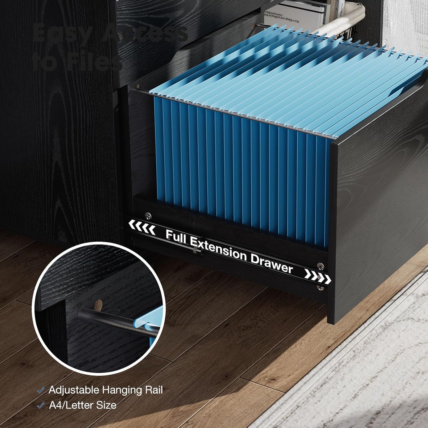 DUMOS 3-Drawer Mobile Lateral File Cabinet - Rolling Under Desk Storage Organizer with Lockable Wheels, Adjustable Shelf & Wood Top for Office & Home (Black)