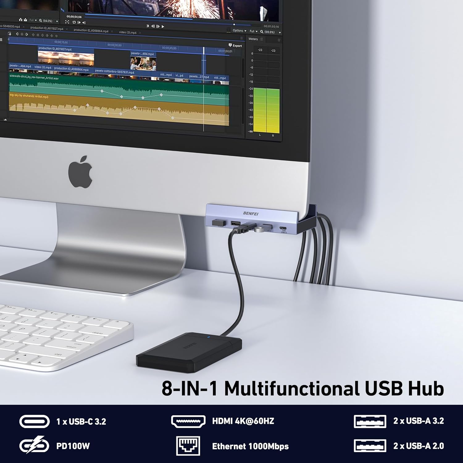 BENFEI 8-in-1 USB C Hub with Clamp – 4K@60Hz HDMI, 10Gbps Data, 100W PD & Gigabit Ethernet – Space-Saving Design for MacBook Pro, iPad Pro, iMac & More