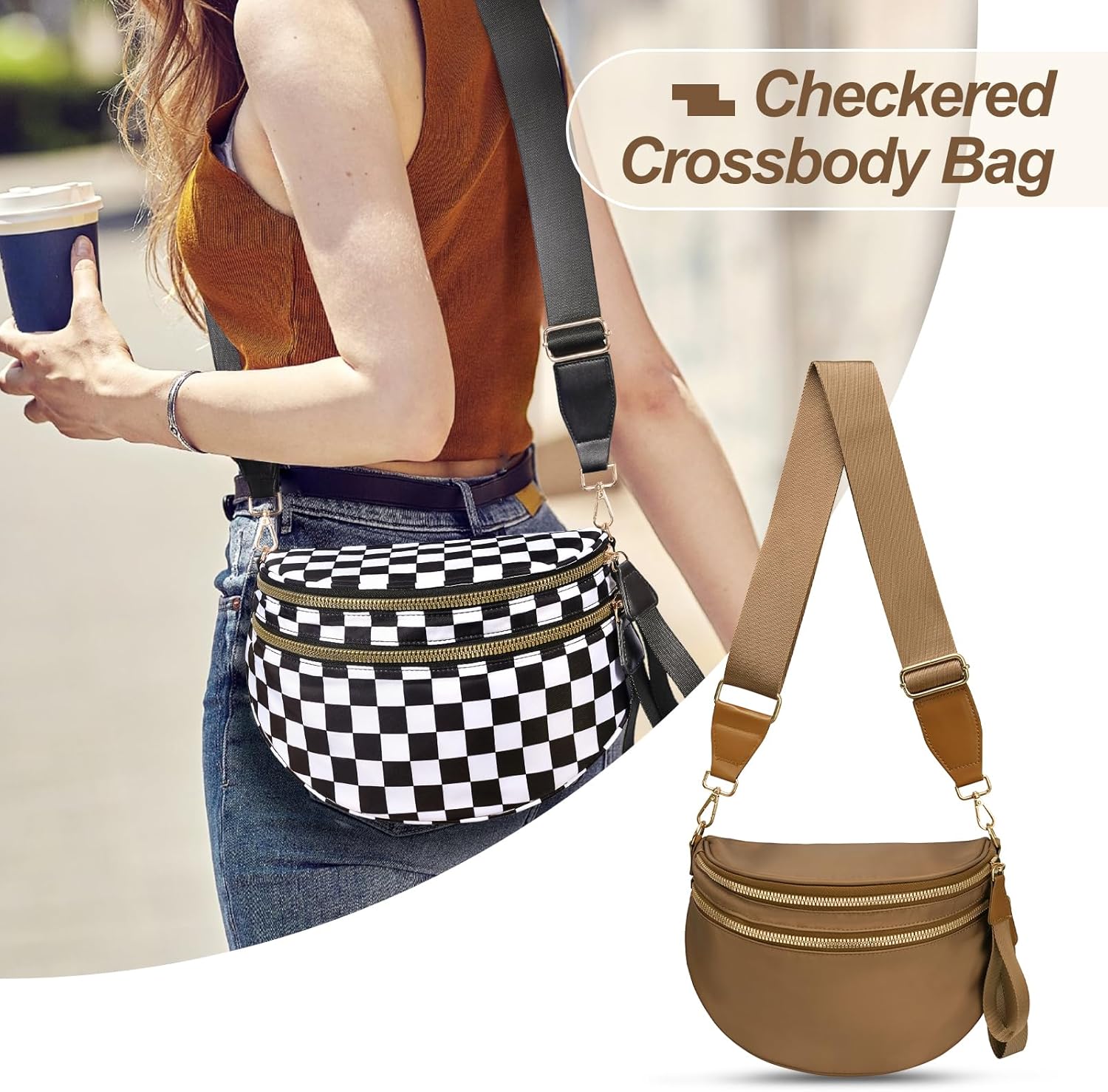 Checkered Crossbody Bag for Women – Spacious Nylon Sling Purse with Adjustable Shoulder Strap