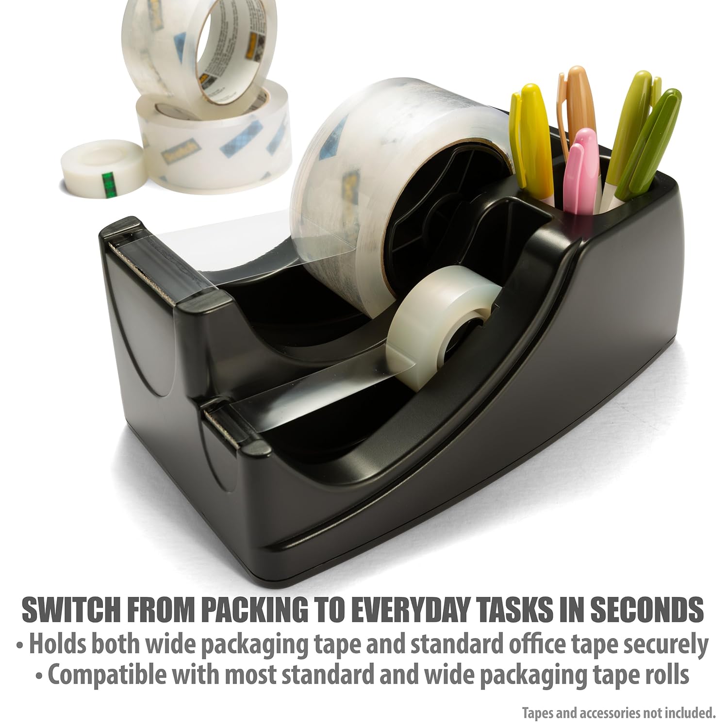Officemate Heavy Duty 2-in-1 Recycled Tape Dispenser – Non-Slip Weighted Base for 1" & 3" Cores with Pen Storage, Black