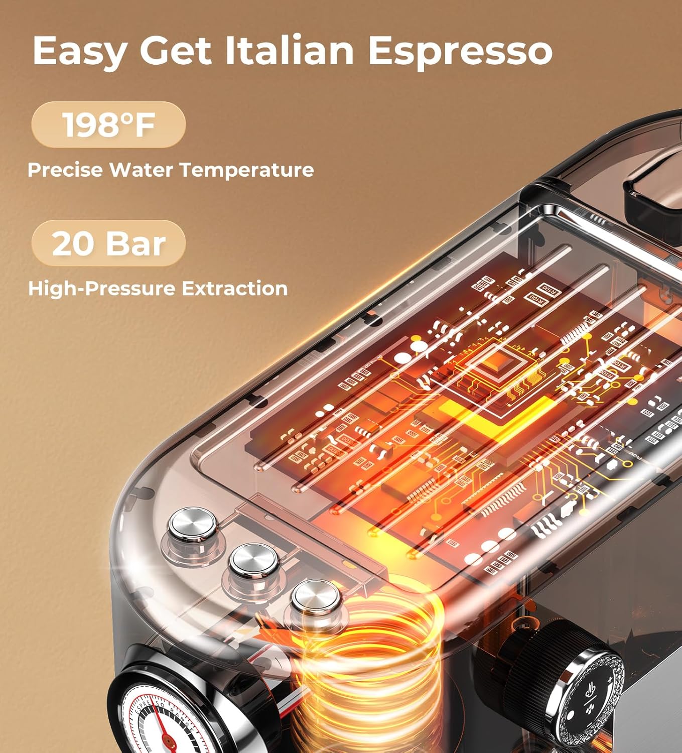 20 Bar Espresso Machine with Milk Frother – Stainless Steel Coffee Maker with 44oz Water Tank, Professional Steam Wand, Compact Home Espresso Maker for Lattes, Cappuccinos & Mocha