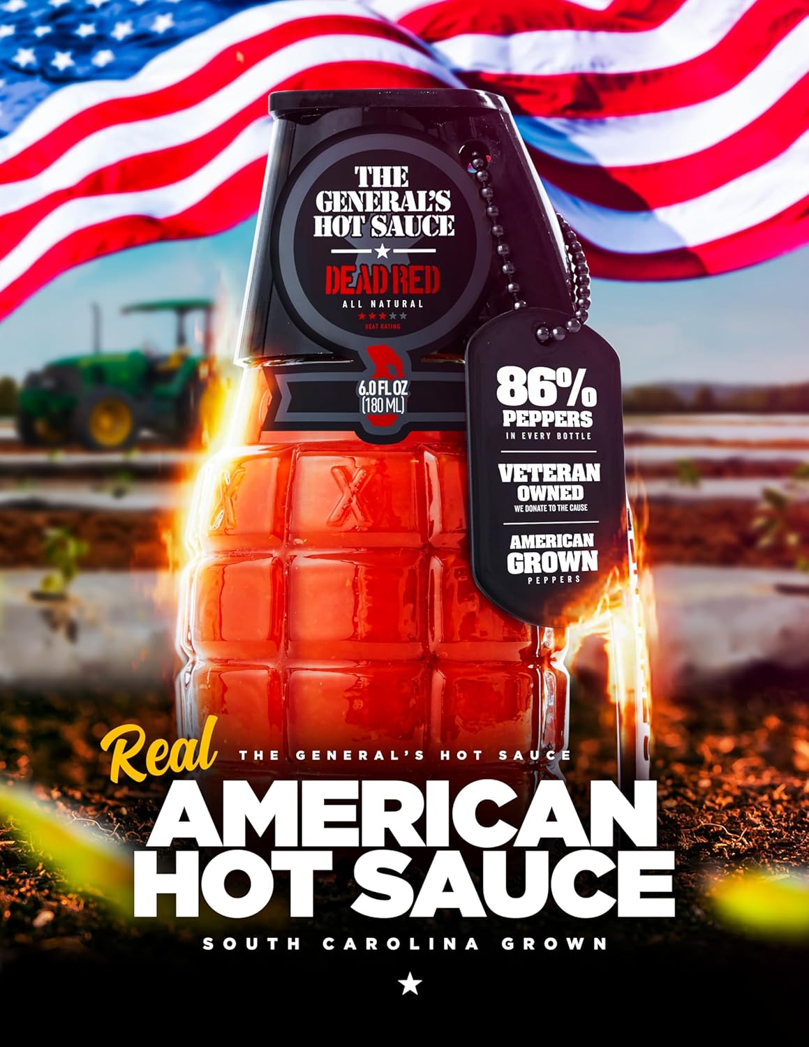 The General's Hot Sauce 'Dead Red' - American Grown Cayenne Pepper Sauce - Veteran Owned & Operated - Gluten-Free, All-Natural Gluten-Free Sauce for Wings, BBQ & Tacos - 6 oz Grenade Bottle