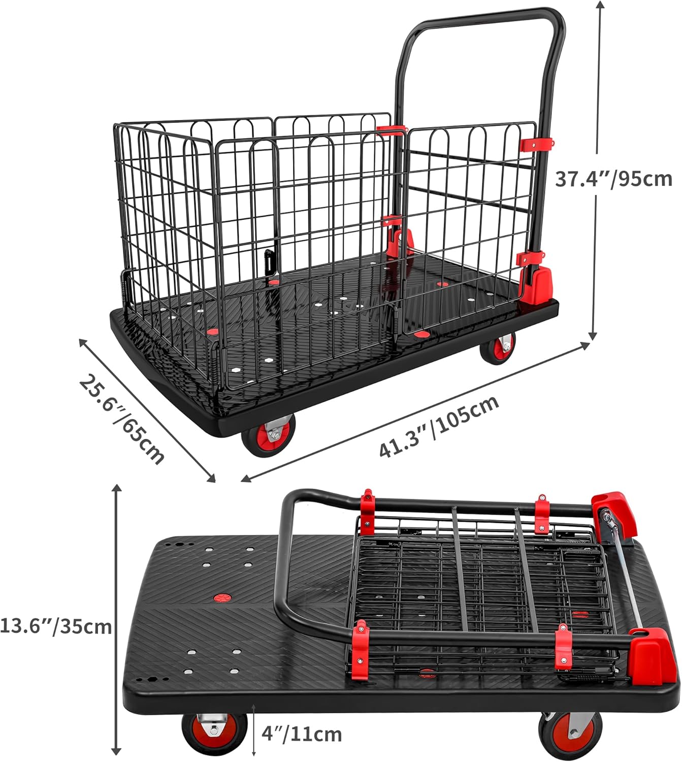 YITAHOME Heavy-Duty Folding Platform Truck – 1000 lbs Capacity Collapsible Utility Cart with Wheels, Weather-Resistant Push Dolly with Cage for Warehouse, Garage, and Office