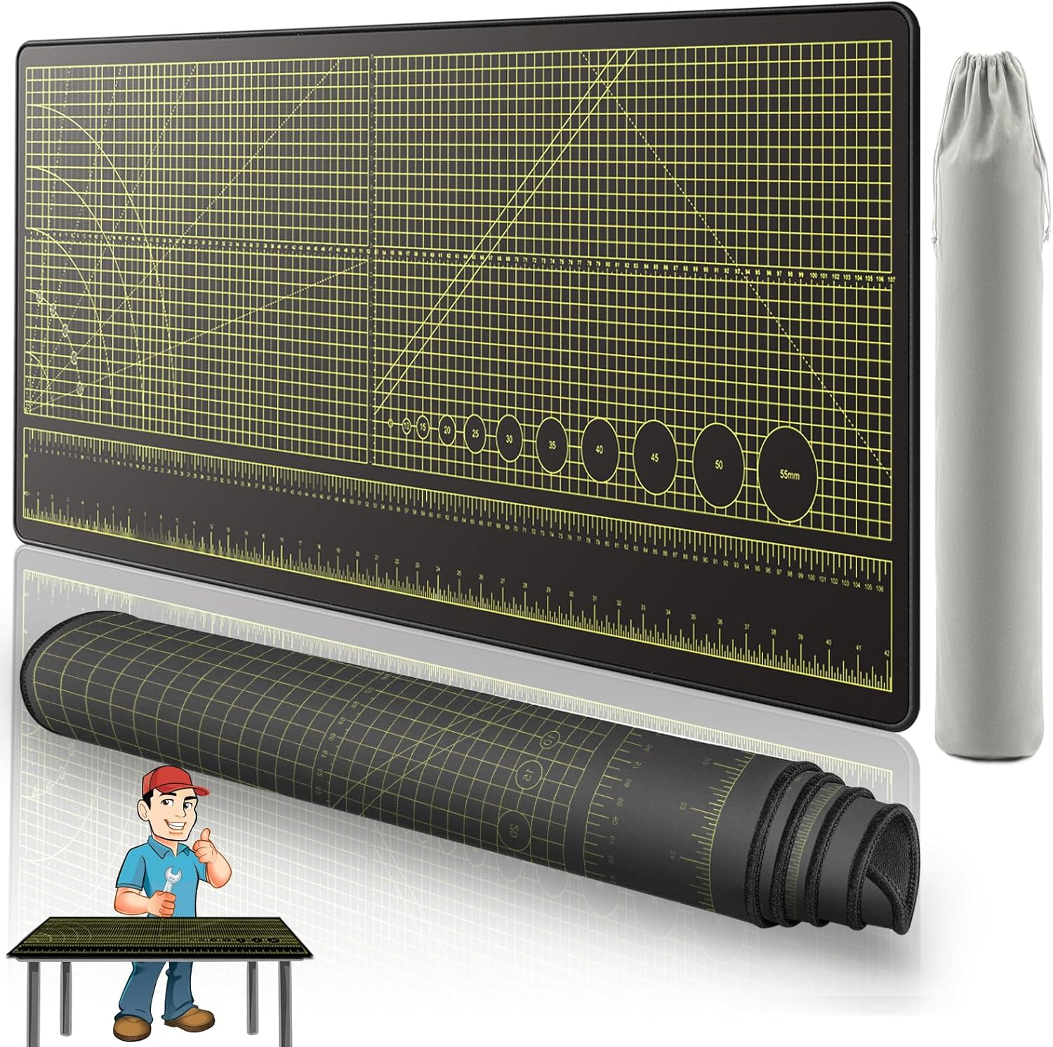 Premium Workbench Mat – 43.3” x 15.7” Non-Slip Rubber Repair Pad with Laser-Etched Rulers, Angle Guides & Circle Templates – Durable DIY & Assembly Table Cover