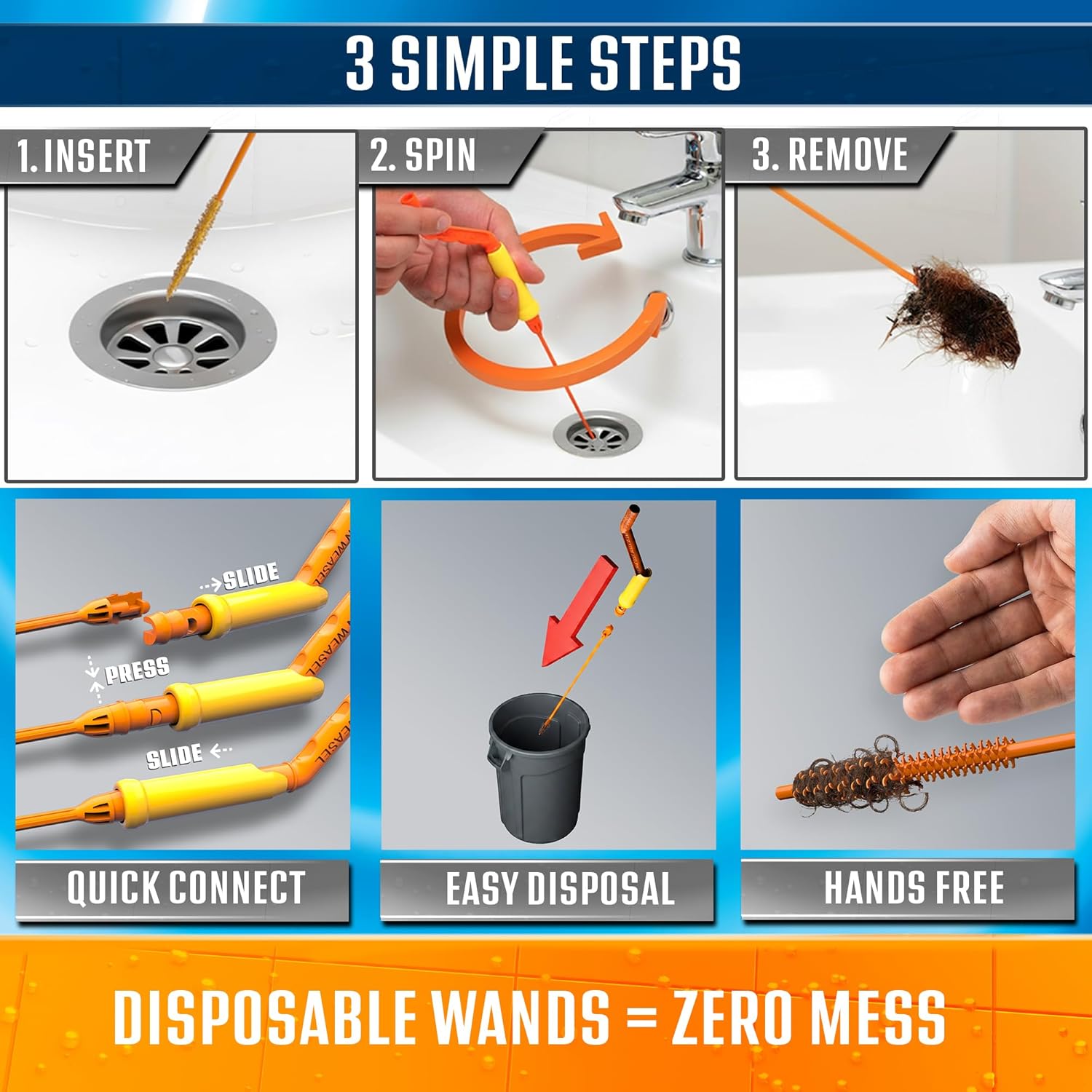 FlexiSnake Drain Weasel Hair Clog Remover – 18-Inch Sink & Bathtub Cleaner Tool with 5 Refill Wands & Quick-Connect Handle – Made in USA