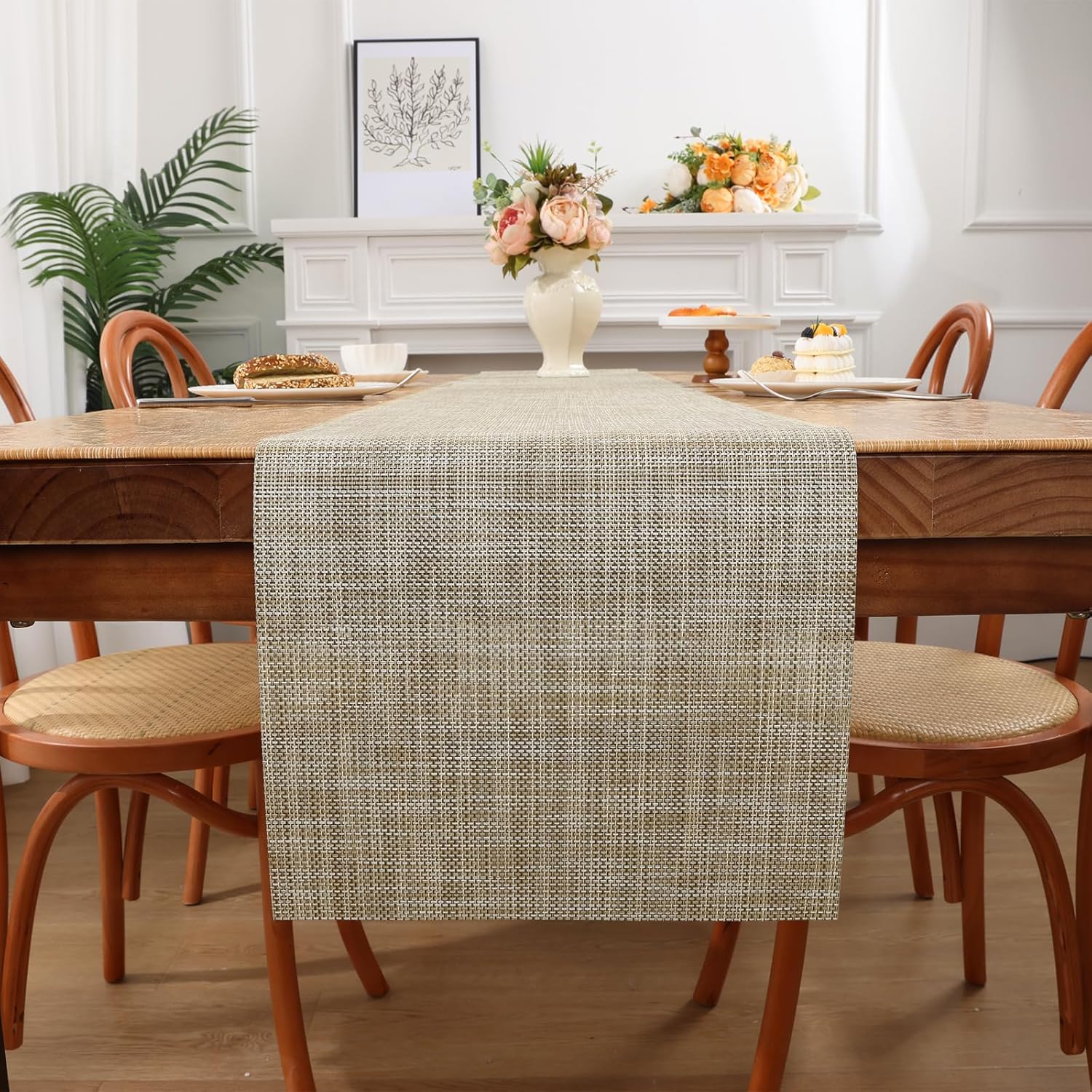 SHACOS Woven Vinyl Table Runner - 12 x 54 Inch Waterproof, Heat Resistant & Cuttable Indoor Outdoor Table Decor (Beige)