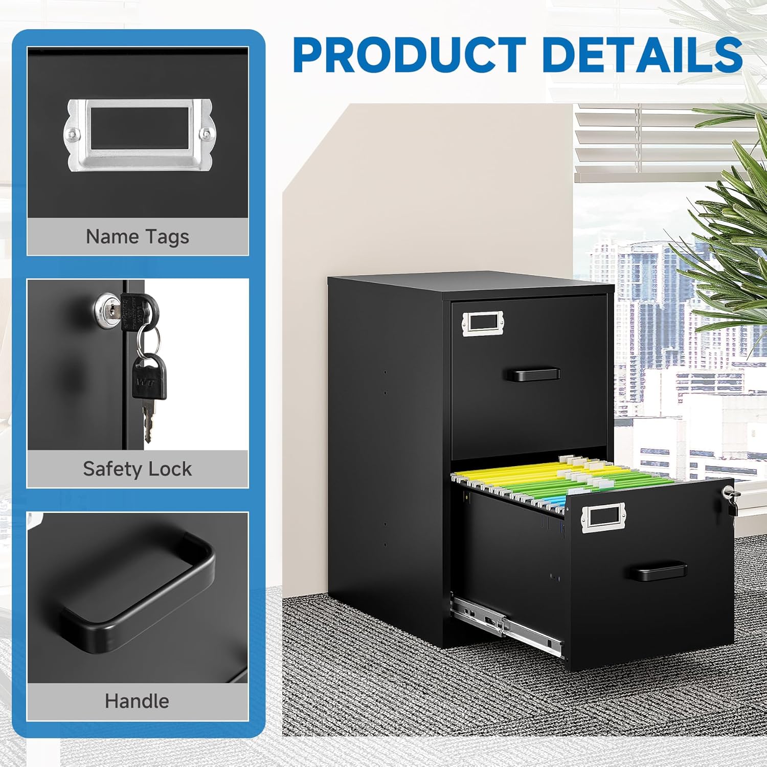 2-Drawer Locking Vertical File Cabinet - Steel Mobile Filing Cabinet for Home & Office