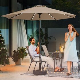 JEAREY 9-Foot Solar LED Lighted Patio Umbrella with Crank Lift and Tilt - Weather-Resistant Beige Market Umbrella for Backyard, Pool, and Deck