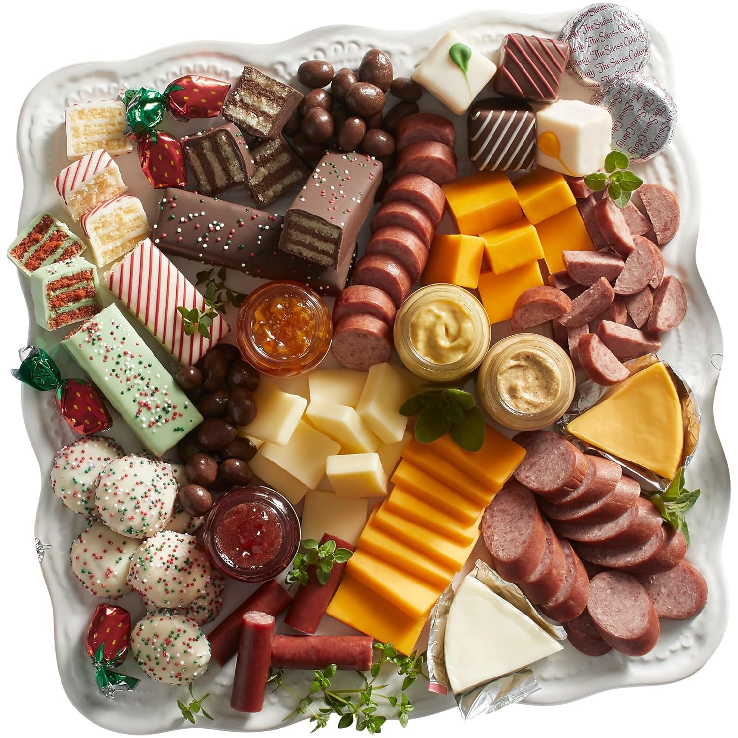 The Swiss Colony 27-Favorite Gourmet Food & Cheese Gift Box - Summer Sausage, Chocolates, Petits Fours & Snacks - Holiday & Party Sampler