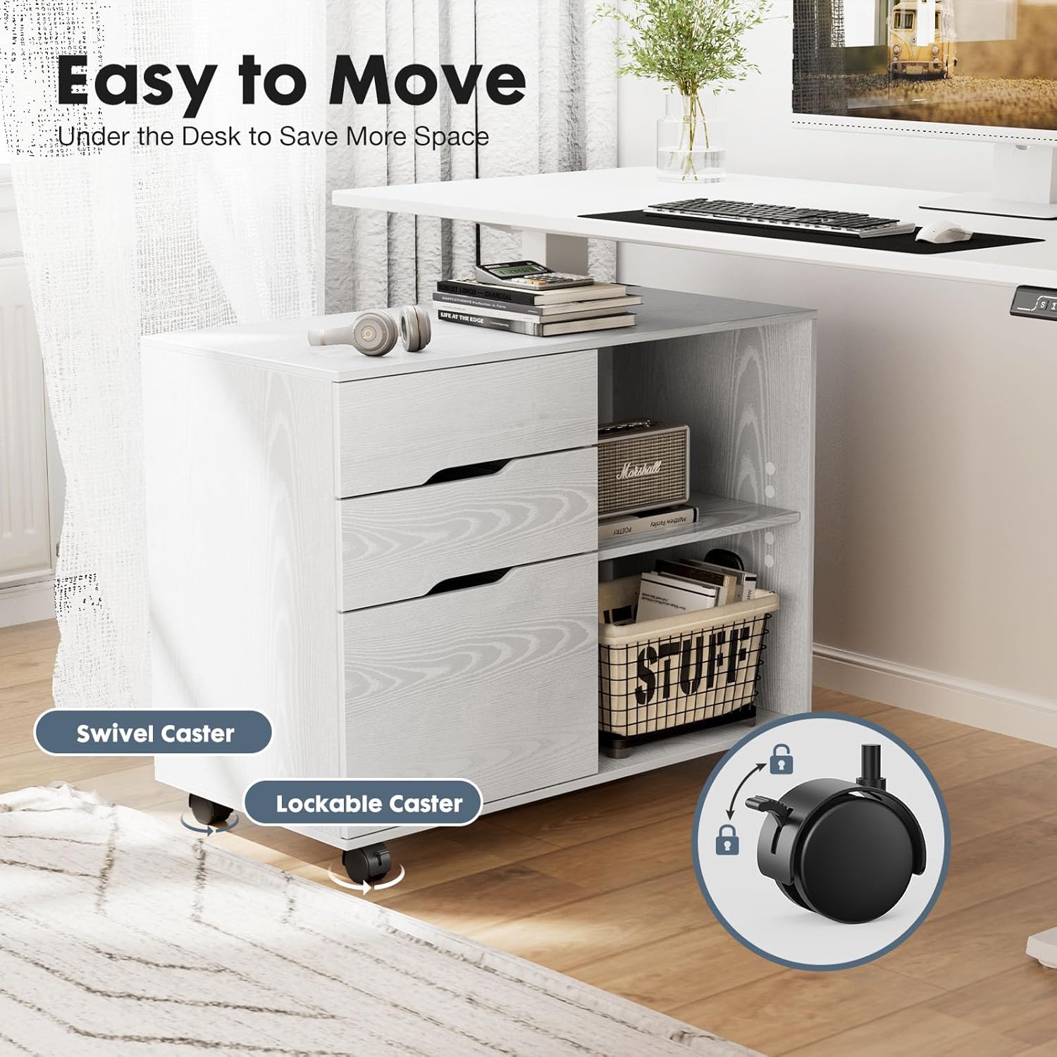 DUMOS Mobile Lateral File Cabinet with 3 Drawers – Rolling Wood Storage Organizer with Wheels, Adjustable Shelf, and Printer Stand – Versatile Office & Home Filing Solution (White)