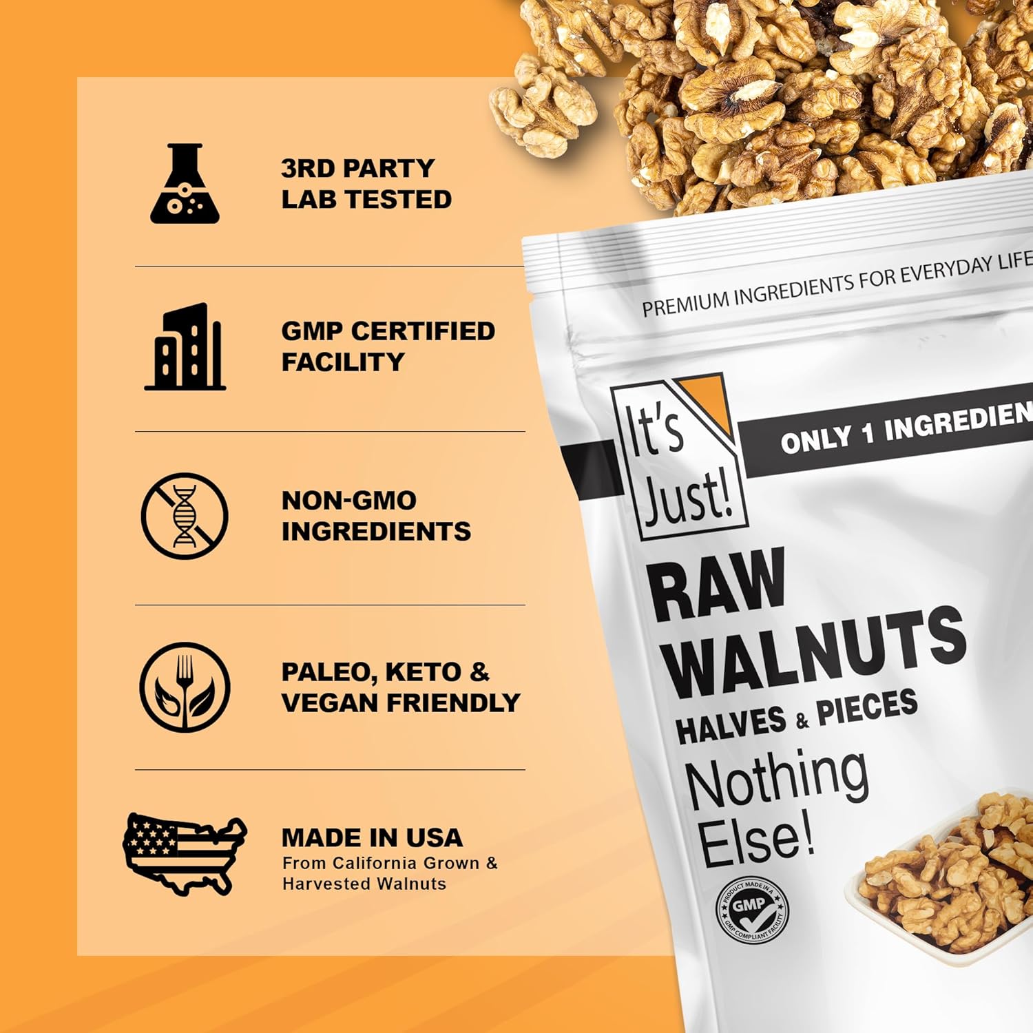 It's Just - Premium Raw California Walnuts, 20oz (1.25lb) Bag | Non-GMO, Gluten-Free, Unsalted Nut Halves & Pieces for Baking, Snacking & Keto Diets