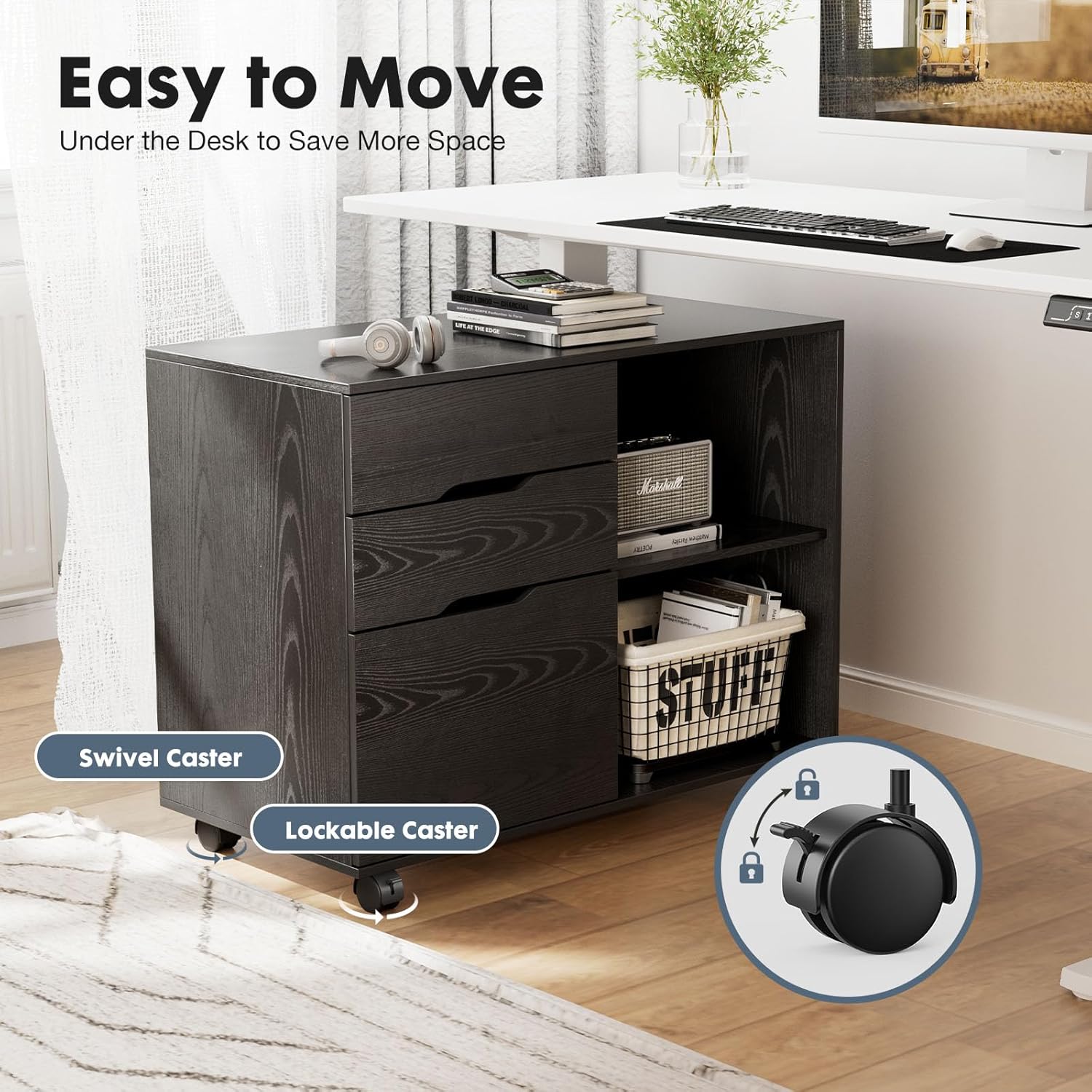 DUMOS 3-Drawer Mobile Lateral File Cabinet - Rolling Under Desk Storage Organizer with Lockable Wheels, Adjustable Shelf & Wood Top for Office & Home (Black)