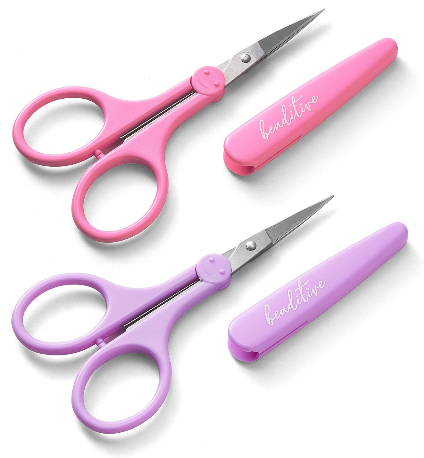 Beaditive High Precision Detail Scissors Set (2-Piece) | Ultra-Sharp Fine Tips for Crafting, Sewing & Scrapbooking | Stainless Steel with Protective Sheaths (Pastel Pink & Purple)