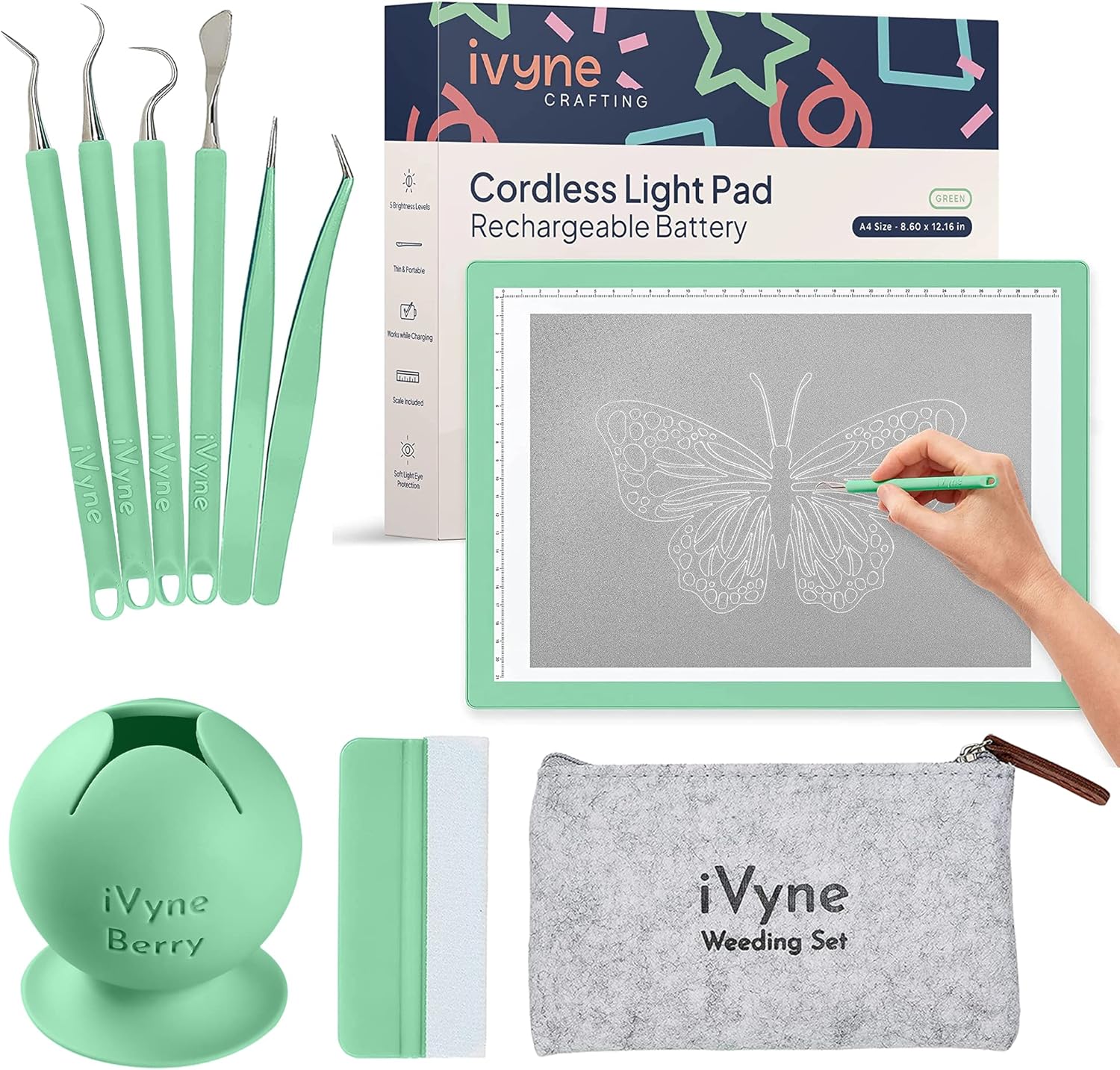 iVyne Complete Vinyl Weeding Tool Kit with Rechargeable A4 Light Pad, Scrap Collector & 8-Piece Craft Essentials for Cricut, Silhouette & Drawing Projects