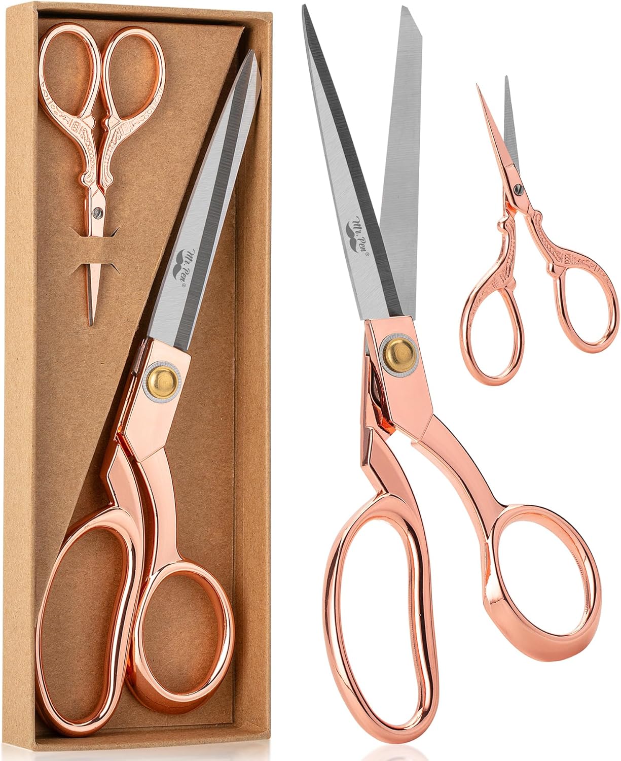 Mr. Pen Rose Gold Fabric & Embroidery Scissors Set – Heavy Duty 8.5 inch Tailor Shears & 3.5 inch Detail Snips – Stainless Steel Sewing & Craft Cutting Tools for Quilting, Dressmaking, and Embroidery