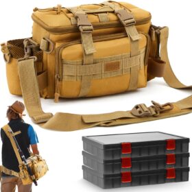 Professional Fishing Tackle Bag with 3 Adjustable Tackle Trays - Water-Resistant Oxford Fabric Gear Storage Organizer with Padded Shoulder Strap for Freshwater & Saltwater Angling
