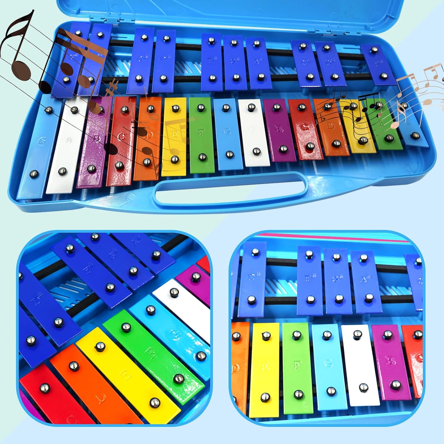 Soulmate 25-Note Professional Xylophone Glockenspiel – Portable Percussion Instrument with 2 Octaves, Carrying Case, and Tuned Mallets for Music Education & Beginners (Blue)