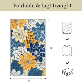 GENIMO Navy Blue Floral Area Rug 5' x 8' - Soft, Non-Slip Indoor & Outdoor Mat with Waterproof & Washable Design