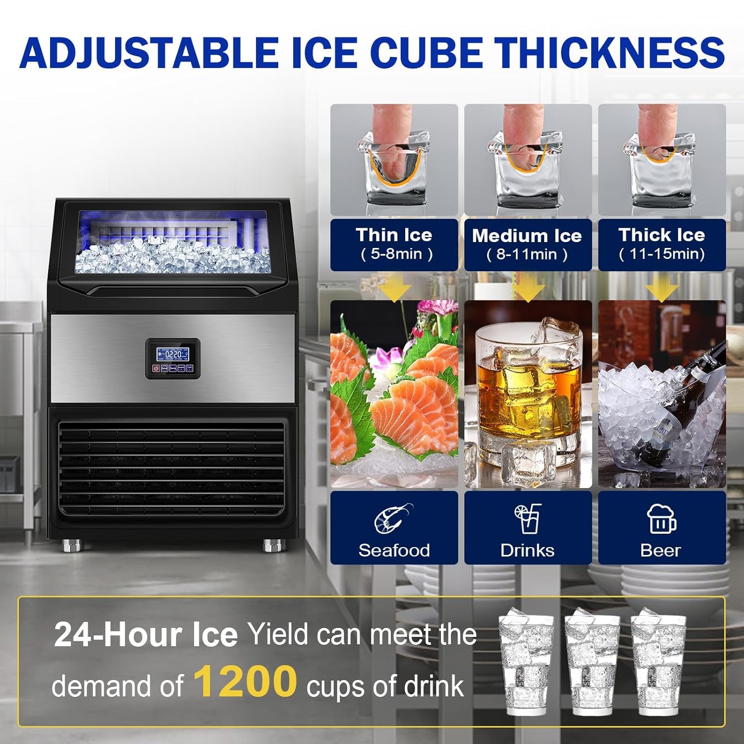 350Lb Commercial Ice Maker Machine with 75Lb Storage Bin - 108 Cubes per Cycle, Stainless Steel Countertop/Freestanding Ice Maker with Self-Cleaning, Water Filter, and Scoop for Restaurants, Bars, and Hotels