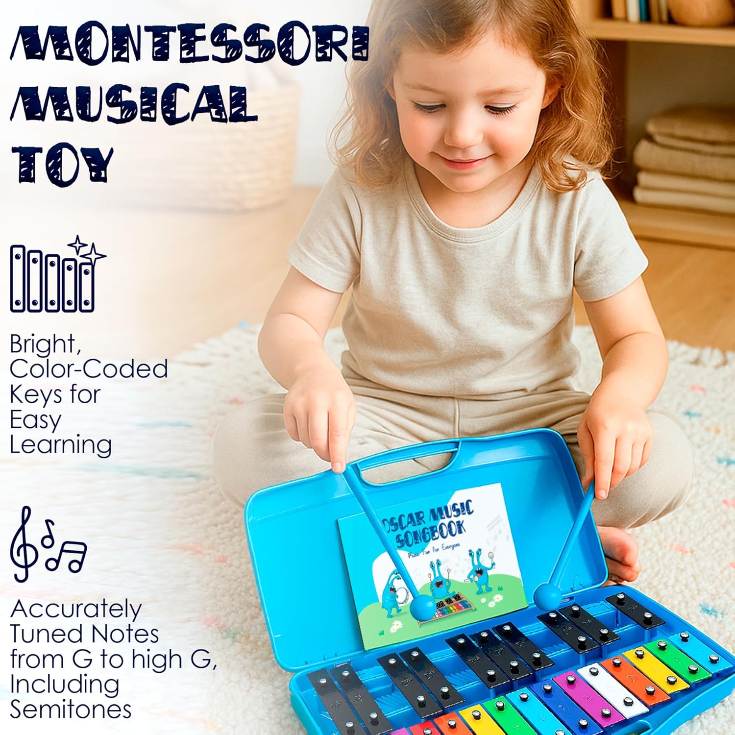 MINIARTIS 25-Note Glockenspiel Xylophone – Color-Coded Musical Instrument for Kids with Songbook, Mallets & Case
