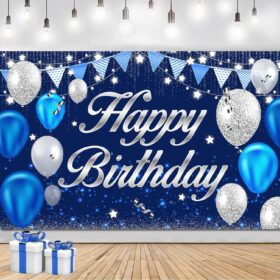 Blue & Silver Happy Birthday Banner - Large 71x45 inch Polyester Party Backdrop Decorations for Men, Women, Boys & Girls