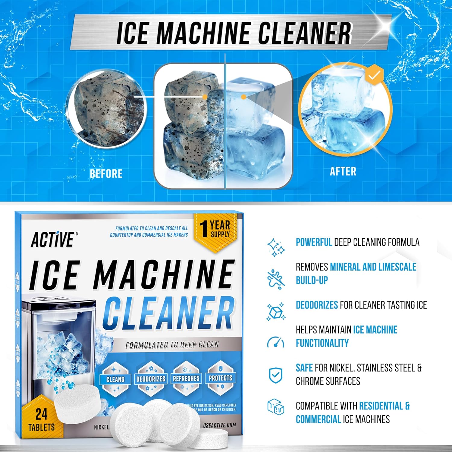 Ice Machine Cleaner and Descaler Tablets (24 Count) – Nickel-Safe Formula for Nugget, Countertop, and Portable Ice Makers – Compatible with GE, Opal, Frigidaire, and More