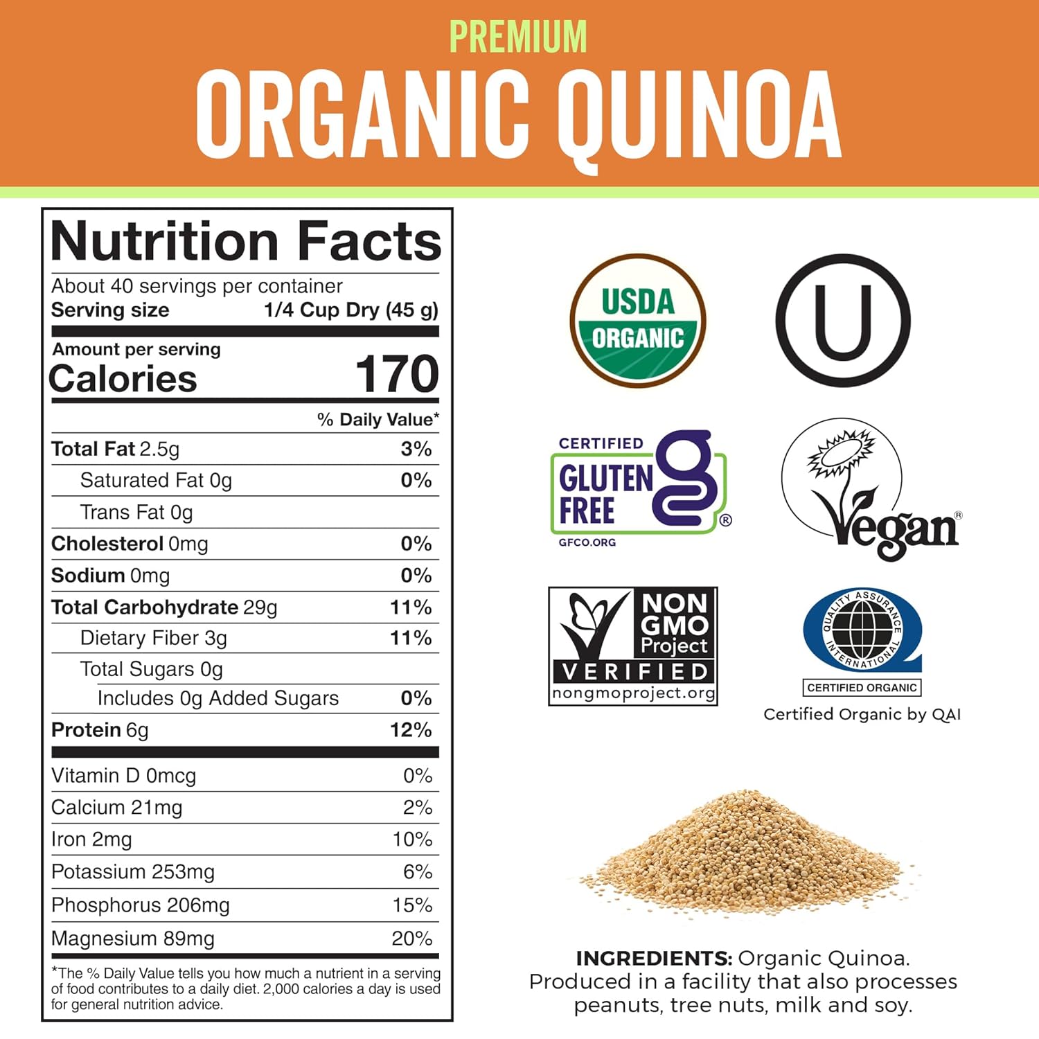 Viva Naturals Organic White Quinoa, 4 lb – Pre-Washed, USDA Certified Whole Grain, Non-GMO, Gluten-Free & Vegan Plant Protein Source