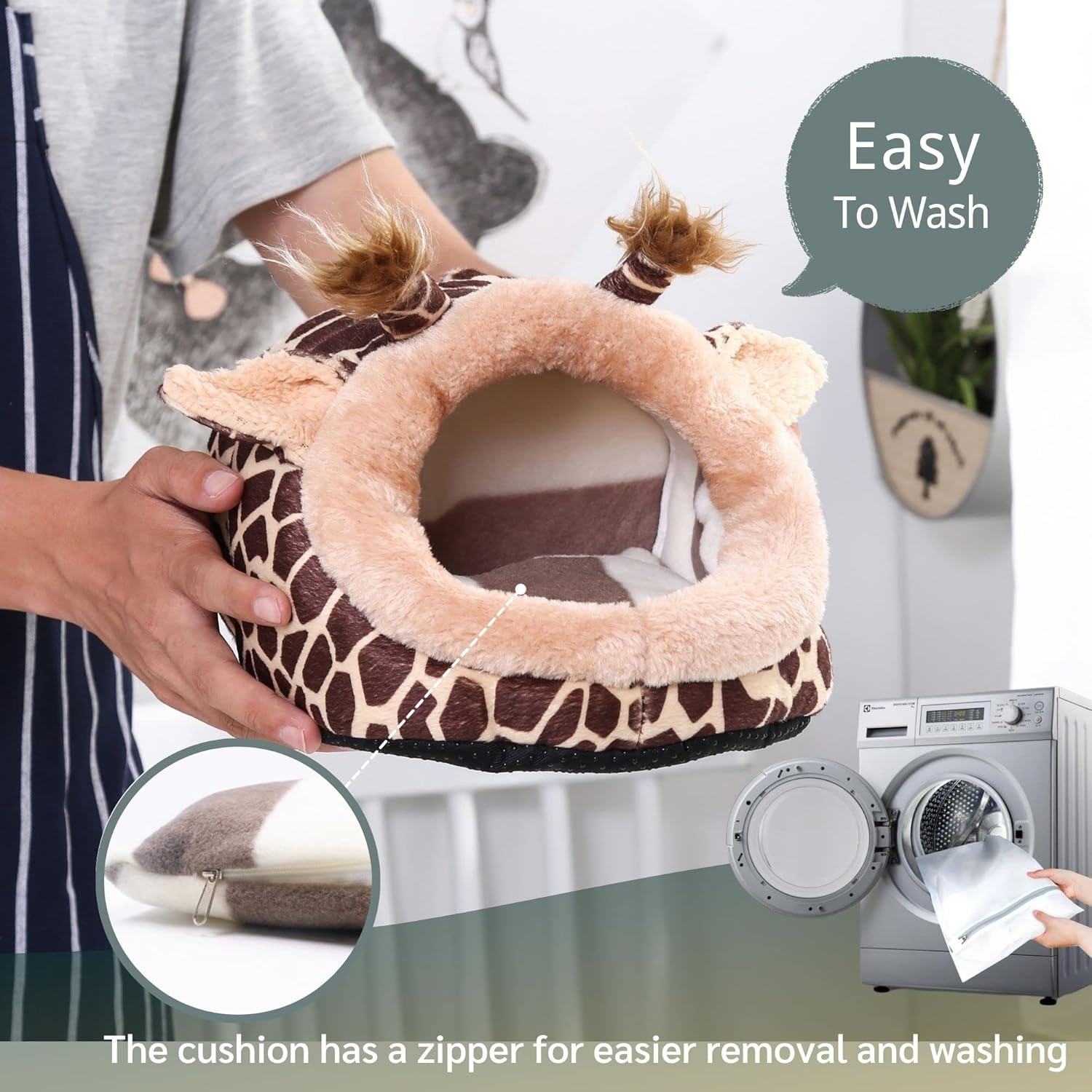 JanYoo Guinea Pig & Hedgehog Bed - Warm Plush Sleeping Bag Hideout with Removable Cushion - Cute Cage Accessories for Small Animals (Large, Giraffe)