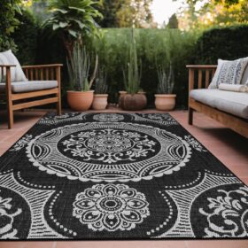 Medallion Outdoor Rug 8x10 - Washable, Waterproof & Non-Shedding Patio, Porch & Indoor Area Rug (Black, 8' x 10')