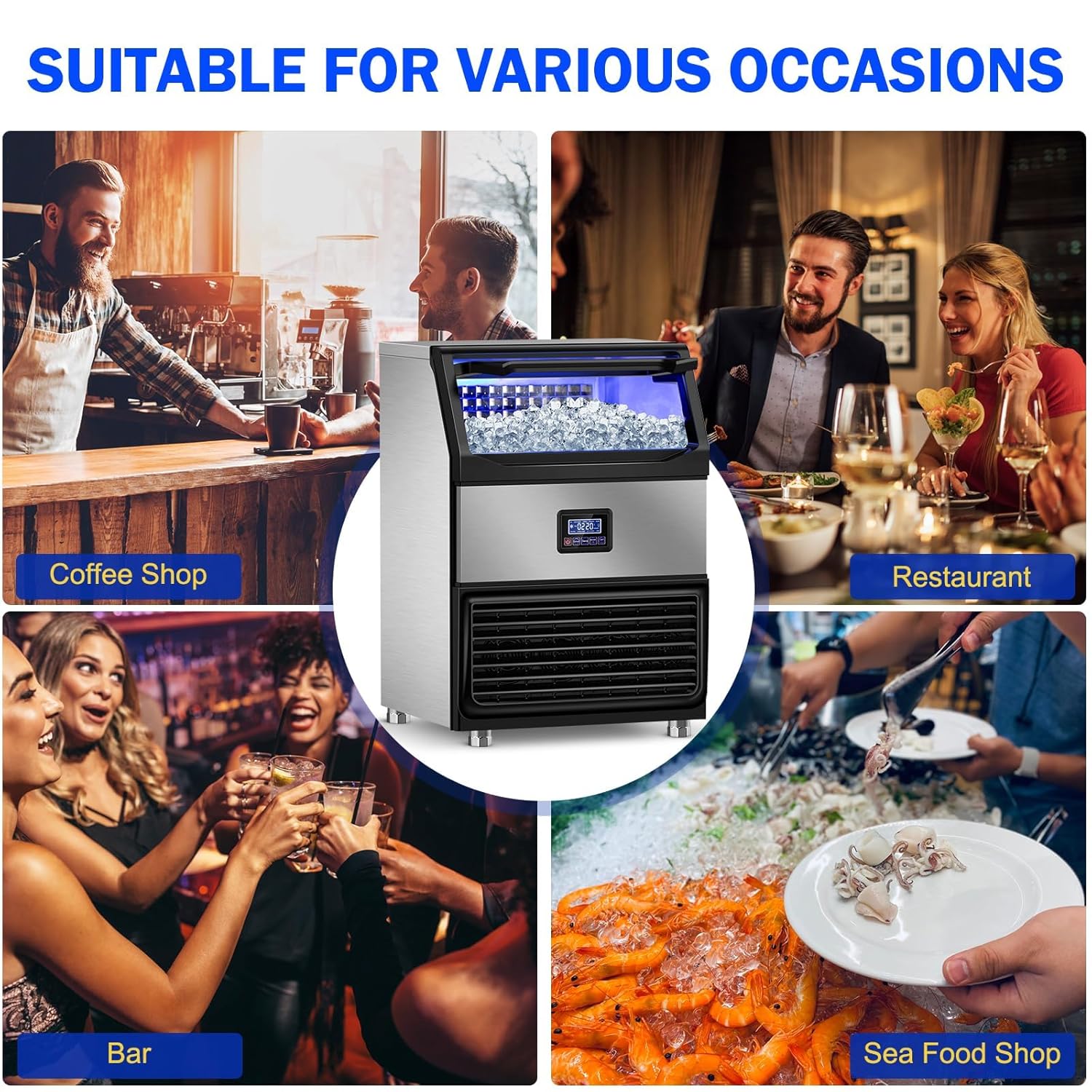 350Lb Commercial Ice Maker Machine with 75Lb Storage Bin - 108 Cubes per Cycle, Stainless Steel Countertop/Freestanding Ice Maker with Self-Cleaning, Water Filter, and Scoop for Restaurants, Bars, and Hotels