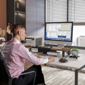 WESTREE Dual Monitor Stand Riser - Wood & Steel Desk Organizer with Storage for 2 Monitors, Laptops, Printers - Ergonomic Height Adjustment (Rustic Brown)