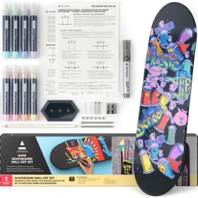 ARTEZA Customizable Skateboard Deck Art Kit – 31"x8" DIY Paintable Maple Wood Board with Matte Coating, Includes 8 Oil-Based Paint Markers, Chrome Marker, White Pencil, and Wall Display Mount
