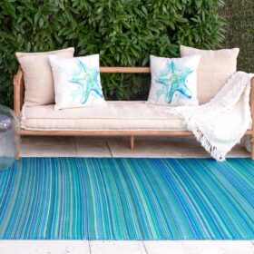 Fab Habitat Cancun Outdoor Rug - 5' x 8' Turquoise & Moss Green Striped Patio Mat - Waterproof, Recycled Plastic & Reversible