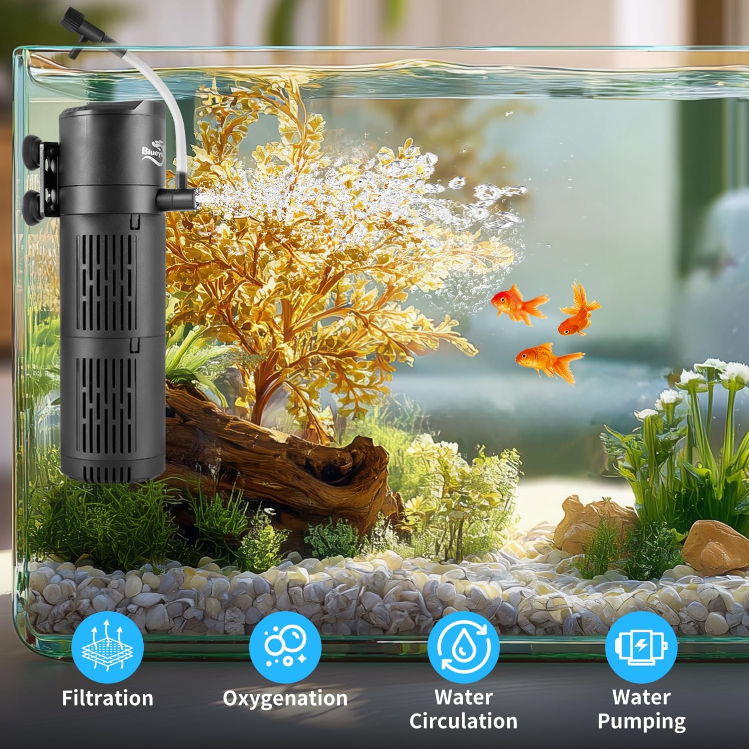4-in-1 Submersible Aquarium Filter for 30-80 Gallon Tanks | 200 GPH Internal Power Filter with Wave Maker, Oxygenation & Dual-Layer Filtration for Freshwater, Saltwater & Turtle Tanks (Ultra-Quiet 12W)
