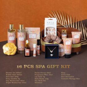 Luxury Coconut Vanilla Spa Gift Basket for Women - 16 Piece Self-Care Kit with Jewelry & Nails in Keepsake Storage Box