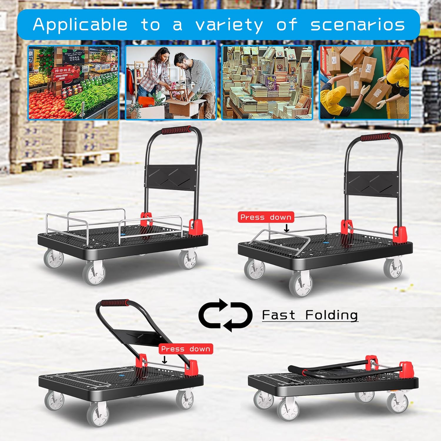 1300lbs Heavy Duty Folding Platform Truck with Brakes – 36x24 Inch Flatbed Cart with Removable Fence for Warehouse, Office, and Garage Moving