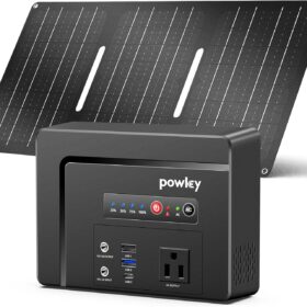 Powkey Solar Powered Generator Kit - 97Wh Portable Power Station with 30W Foldable Solar Panel, 100W Pure Sine Wave AC Outlet, PD 65W & QC 3.0 for Camping, CPAP, and Emergency Backup